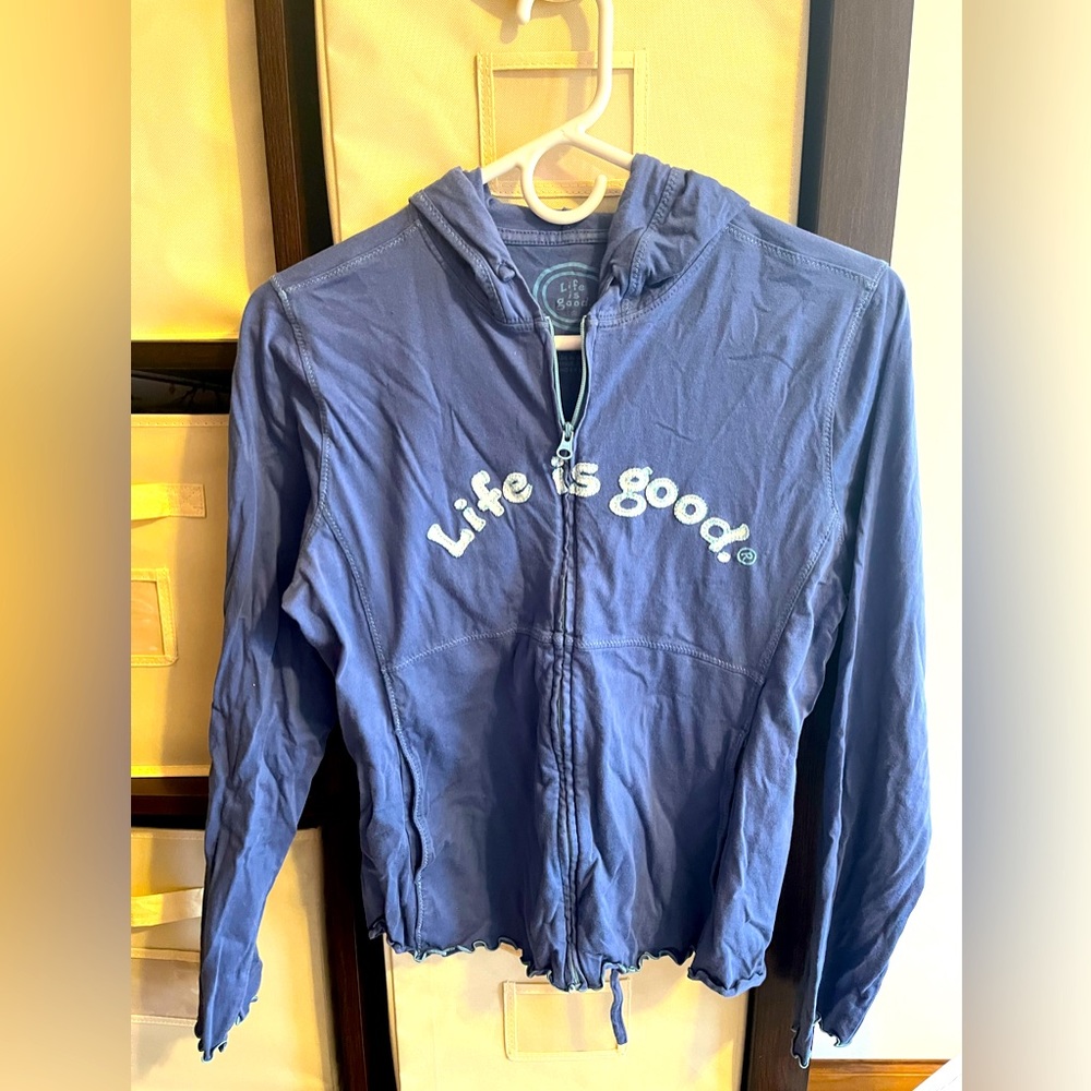 Life is good! Cute blue zip up light-weight hoody.
